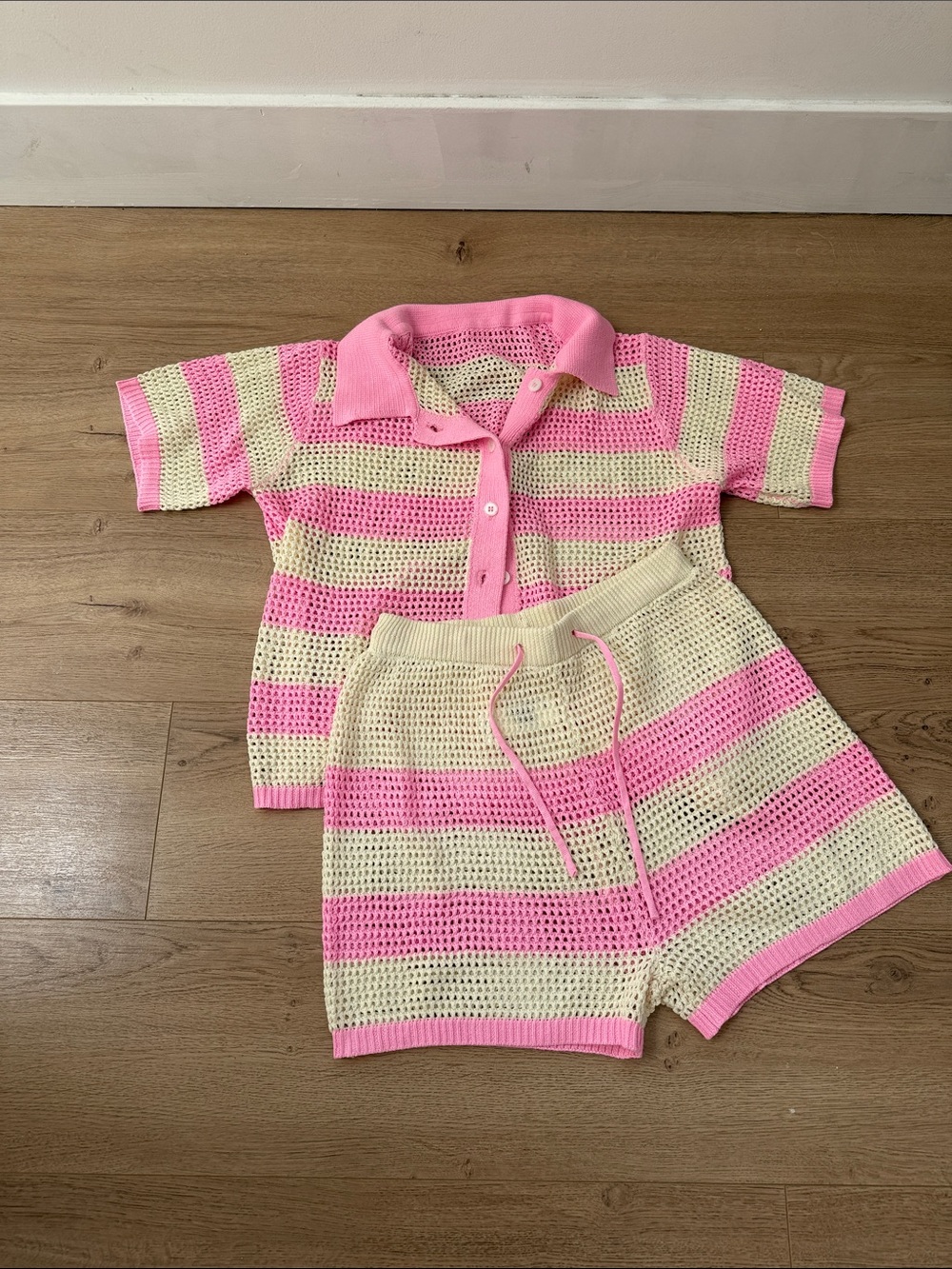 Crochet Stripe Polo Top & Shorts Set - Pink & Cream